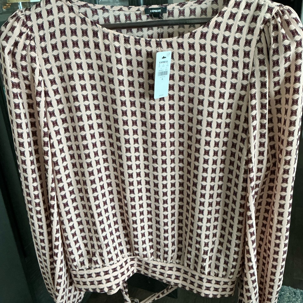Express Cream and Brown Boxy Blouse with Tie Front